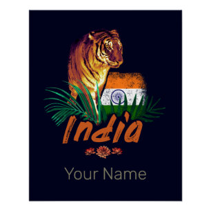 Póster Tigre de la India con bandera retro Lotus souvenir