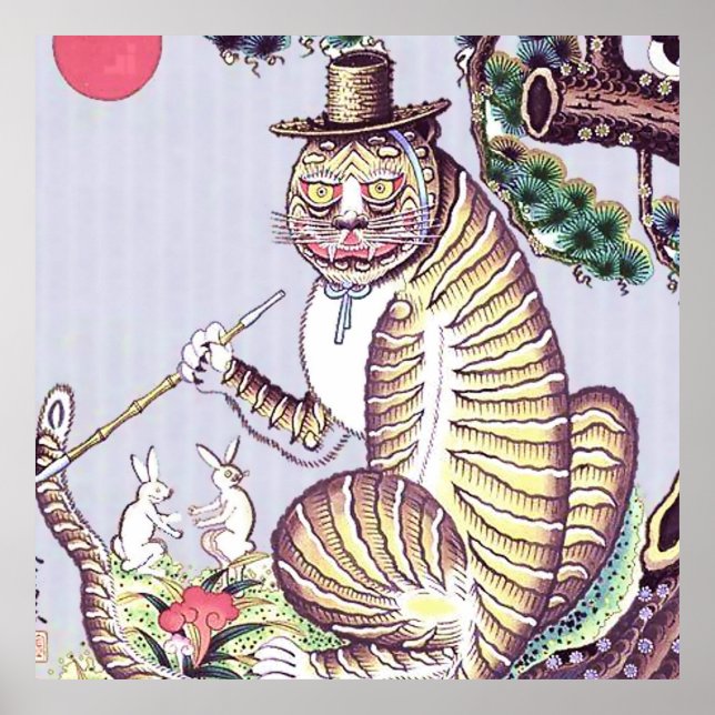 Póster Tigre de Minhwa con conejos y tuberías (Frente)