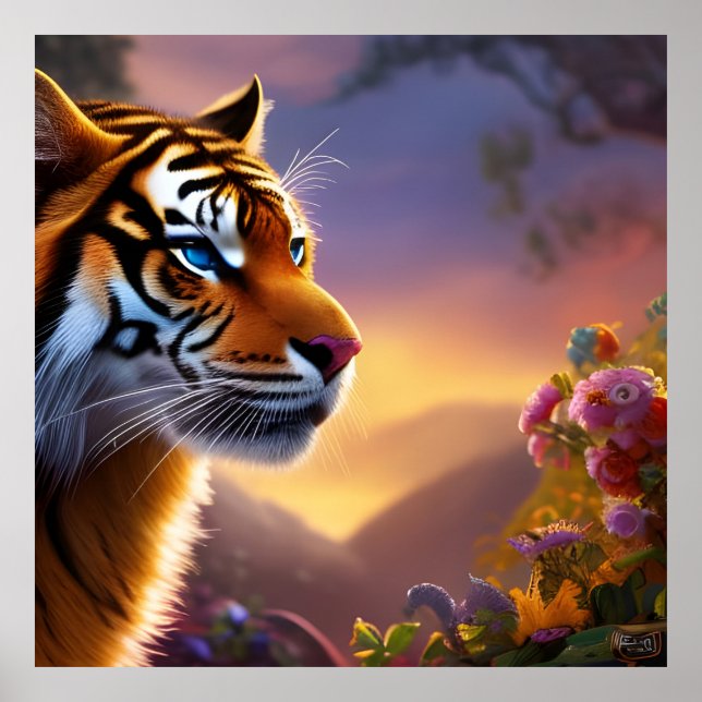 Póster Tigre de ojos azules y flores rosas (Frente)