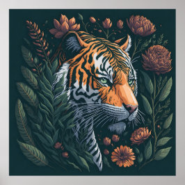 Póster Tigre de vintage con Flora Verde