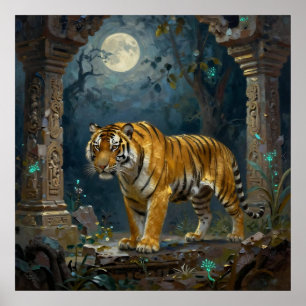 Póster Tigre en dunas antiguas bajo la luna llena