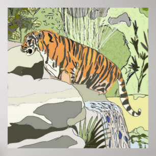 Póster Tigre en una Cascada
