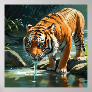 Póster Tigre joven disfrutando del agua en la pintura del
