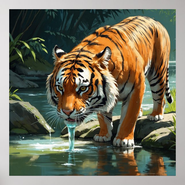 Póster Tigre joven disfrutando del agua en la pintura del (Frente)