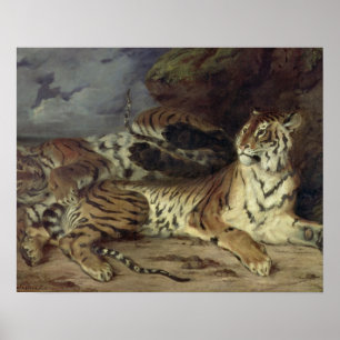 Póster Tigre joven que juega con su madre, 1830 (aceite