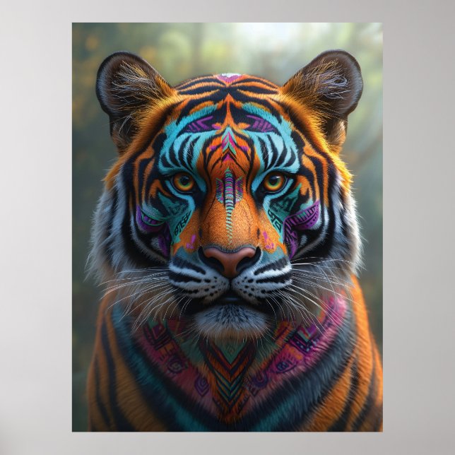 Póster Tigre majestuoso con pinta de rostro tribal vibran (Frente)