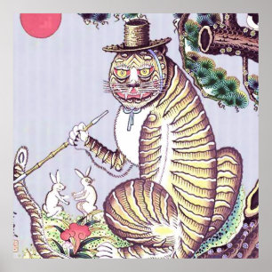 Póster Tigre Minhwa con conejos y pipa