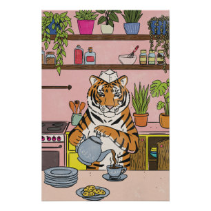 Póster Tigre preparando té