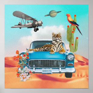 Póster Tigre Retro Auto Cactus Desierto Collage Lienzo