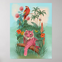 Póster Tigre rosa y jungla tropical de loro