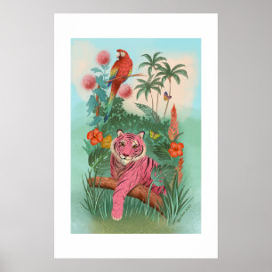 Póster Tigre Rosa y Loro Estampa Tropical Extra Grande