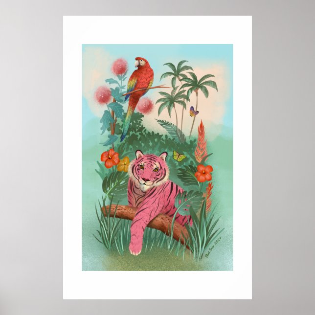 Póster Tigre rosa y papel loro Tropical extra grande (Frente)