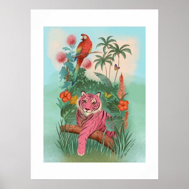 Póster Tigre rosa y papión tropical de gran tamaño (Frente)