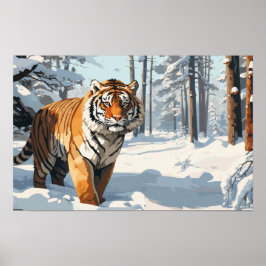 Póster Tigre sberiano en bosques cubiertos de nieve