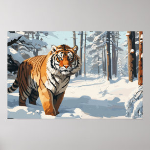 Póster Tigre sberiano en bosques cubiertos de nieve