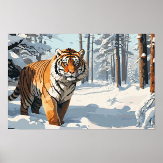 Póster Tigre sberiano en bosques cubiertos de nieve