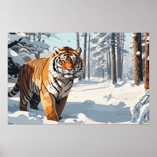 Póster Tigre sberiano en bosques cubiertos de nieve (Frente)