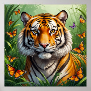 Póster Tigre serio con mariposas en la selva
