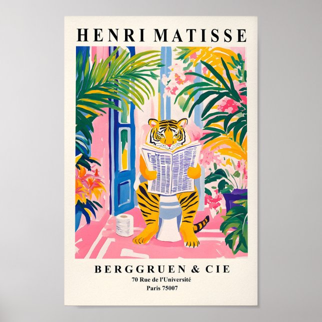 Póster Tigre Sobre Un Baño, Gracioso Baño Pared Art, Rosa (Frente)