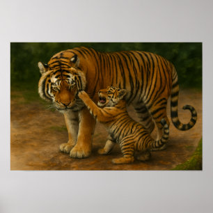 Póster Tigre tenso - padre y cachorro en bosque