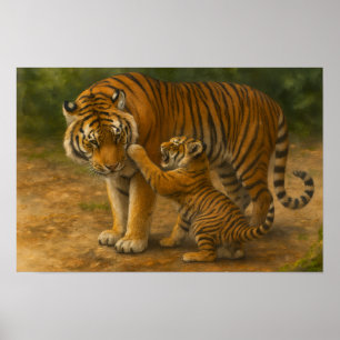 Póster Tigre tenso - padre y cachorro en bosque
