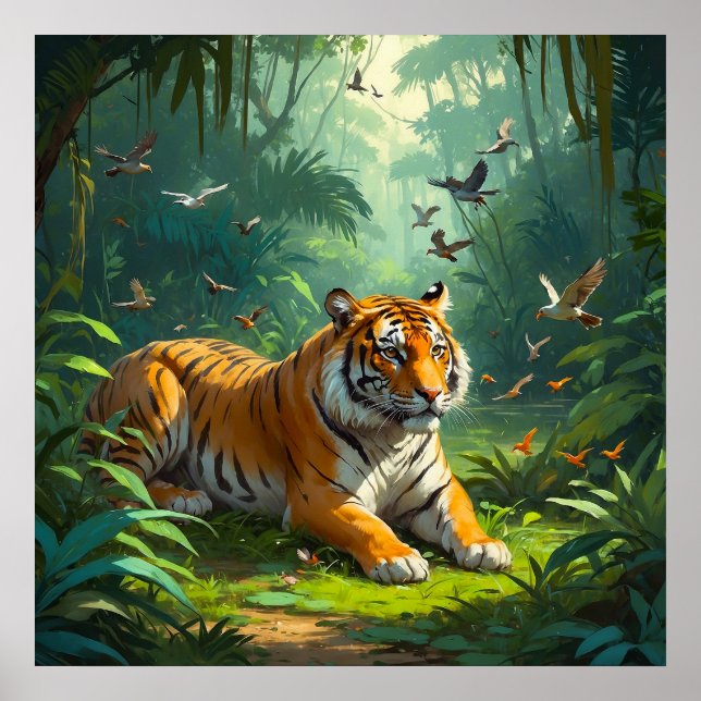 Póster Tigre tranquilo en la jungla con pintura de pájaro (Frente)