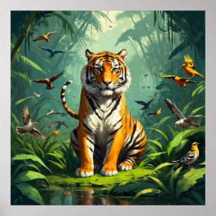 Póster Tigre único sentado en la selva con aves alrededor