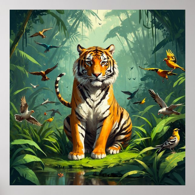 Póster Tigre único sentado en la selva con aves alrededor (Frente)