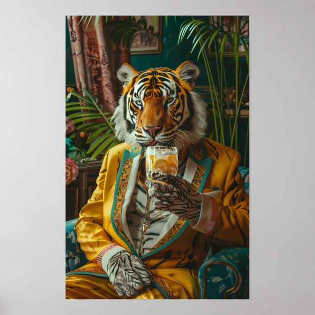 Póster Tigre único vestido como persona que bebe café (Frente)