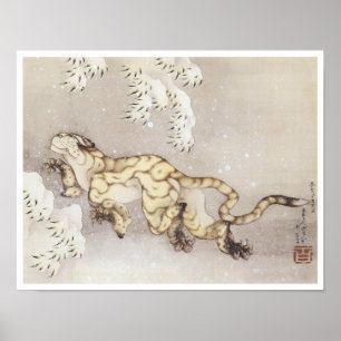 Póster Tigre viejo en la nieve, Hokusai, 1849