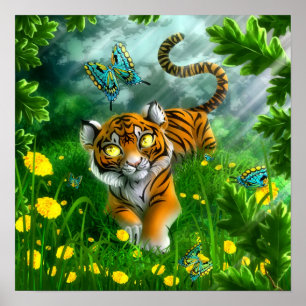 Póster Tigre y mariposas
