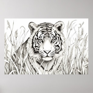 Póster Tigre y naturaleza pacífica Estilo de dibujo de di