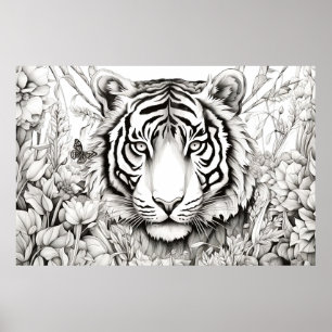 Póster Tigre y naturaleza pacífica Estilo de dibujo de di