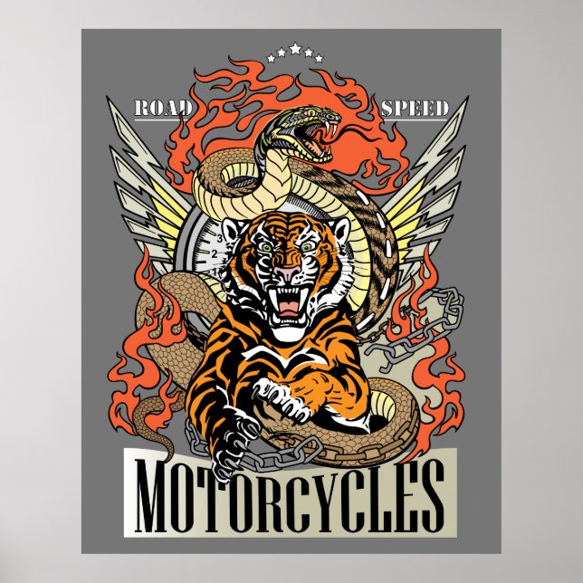 Póster Tigre y serpiente. Speedway Motorcycle Bicicleta C (Frente)