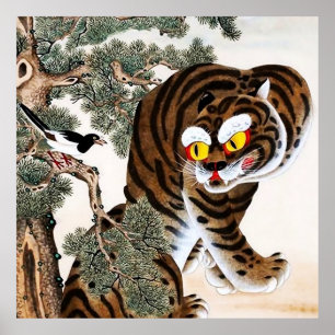 Póster Tigre y Urraca Minhwa bajo el Pino