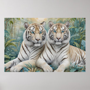 Póster Tigres dorados pálidos en una selva verde azul