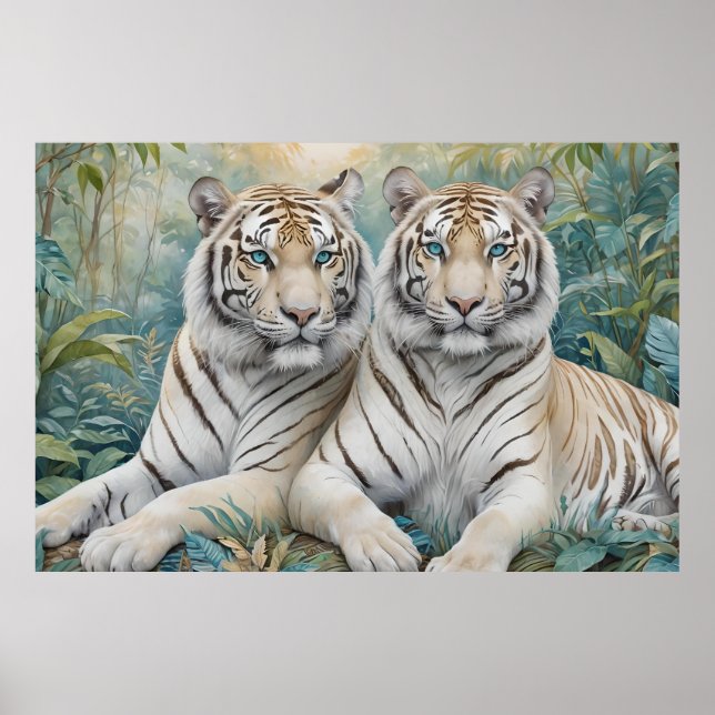 Póster Tigres dorados pálidos en una selva verde azul (Frente)