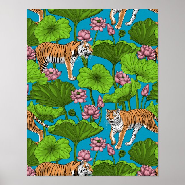 Póster Tigres en el estanque rosado de loto (Frente)