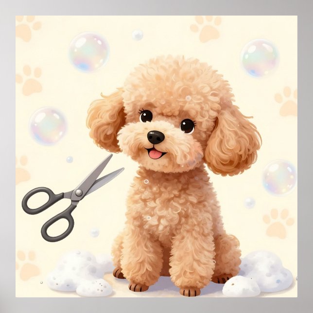 Póster Tijeras de Burbujas de Aseo de Caniche Adorable  (Frente)