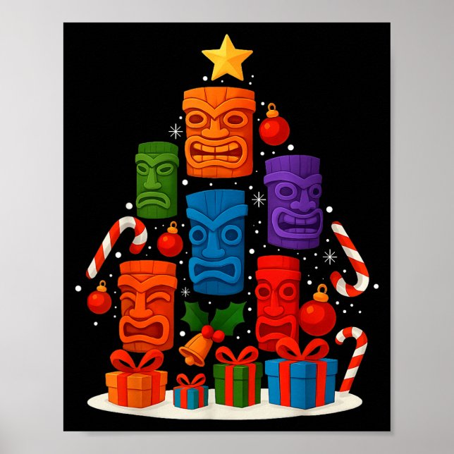 Póster Tiki Mask Luau Christmas Tree Hawaiian Xmas Hat Ha (Frente)