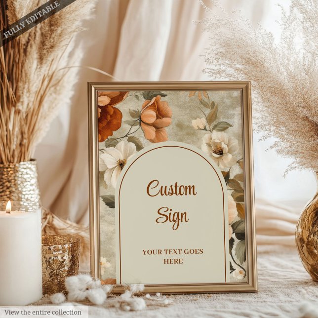 Póster Timeless Boho Copper Beige Olive Floral Custom  (Timeless Boho Copper Beige Olive Floral Custom Sign)