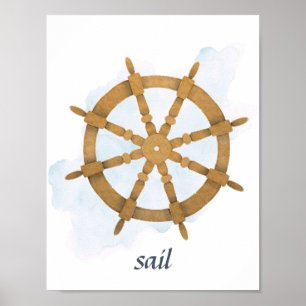 Póster Timón de barco tema náutico océano marrón azul