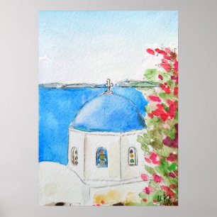 Póster Tinta azul de la iglesia griega y acuarela
