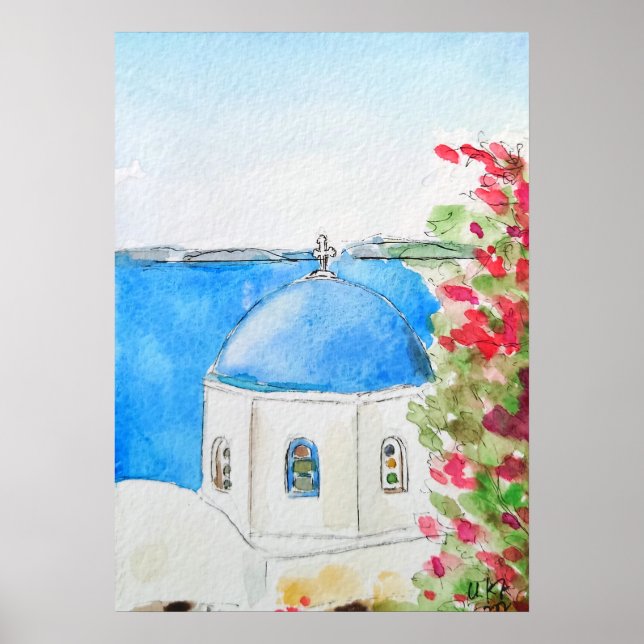 Póster Tinta azul de la iglesia griega y acuarela (Frente)