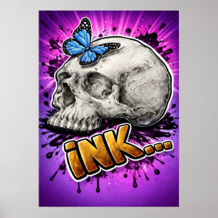 Póster TINTA… Calavera dibujada a mano con mariposa