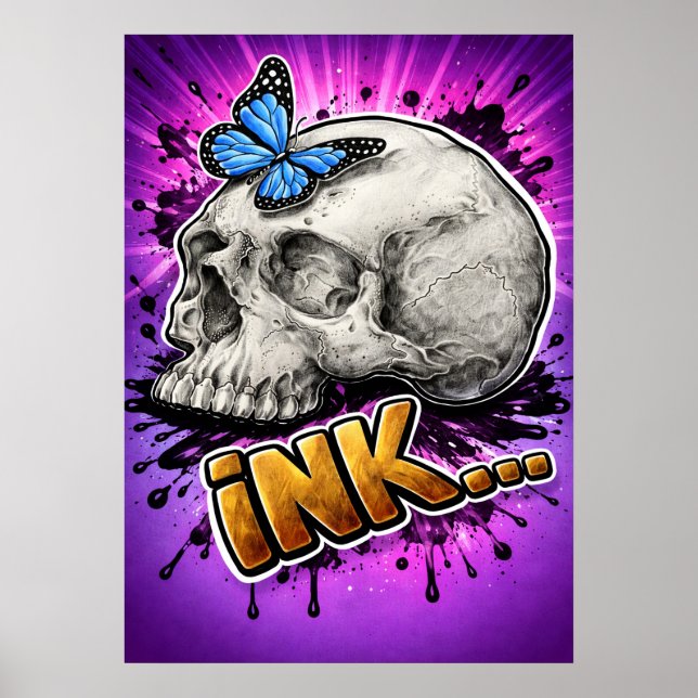 Póster TINTA… Calavera dibujada a mano con mariposa (Frente)