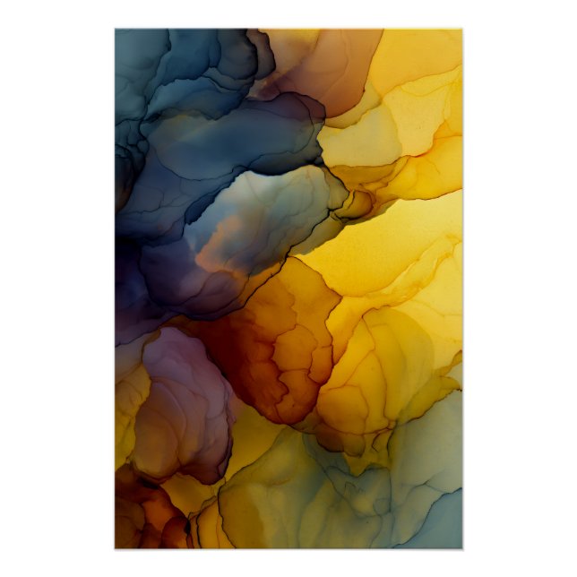 Póster Tinta de alcohol de ámbar índigo abstracto fluido (Anverso)
