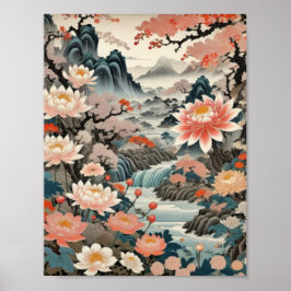 Póster Tinta en paisaje tradicional japonés en papel de a