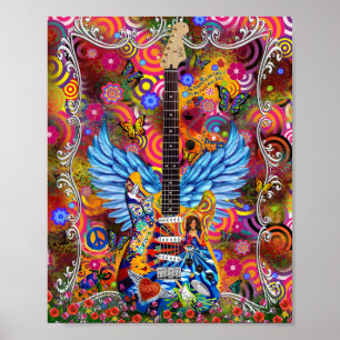 Póster tinte de canto, paz, amor, guitarras Janis Tributo