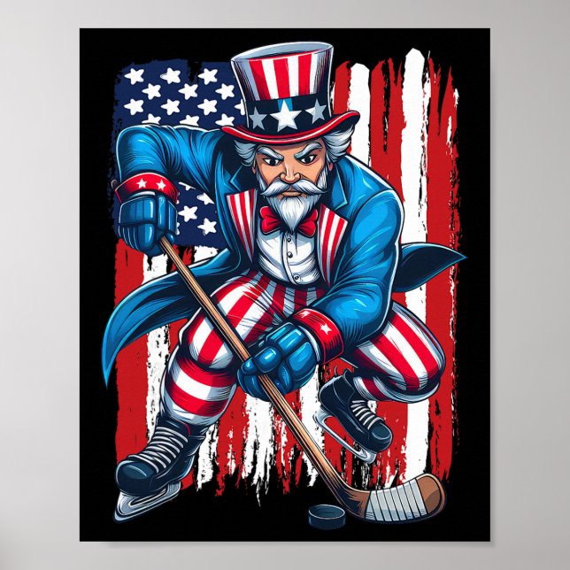 Póster Tío Sam jugador de hockey 4 de julio bandera ameri (Frente)